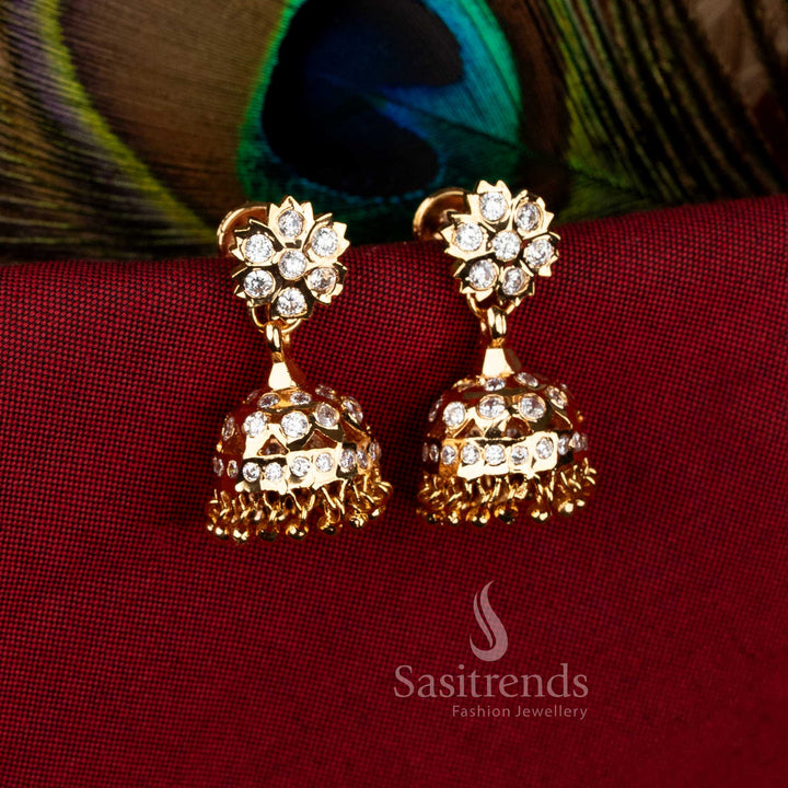 Guaranteed Impon Addigai Micro Gold Plated white AD Stone Floral Top Traditional Temple Jhumka Earrings by Sasitrends with intricate dome detailing