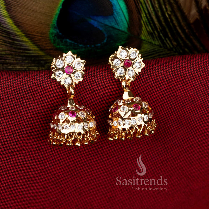 Traditional Impon Addigai Micro Gold Plated white ruby AD Stone Floral Top Traditional Temple Jhumka Earrings by Sasitrends with intricate dome detailing
