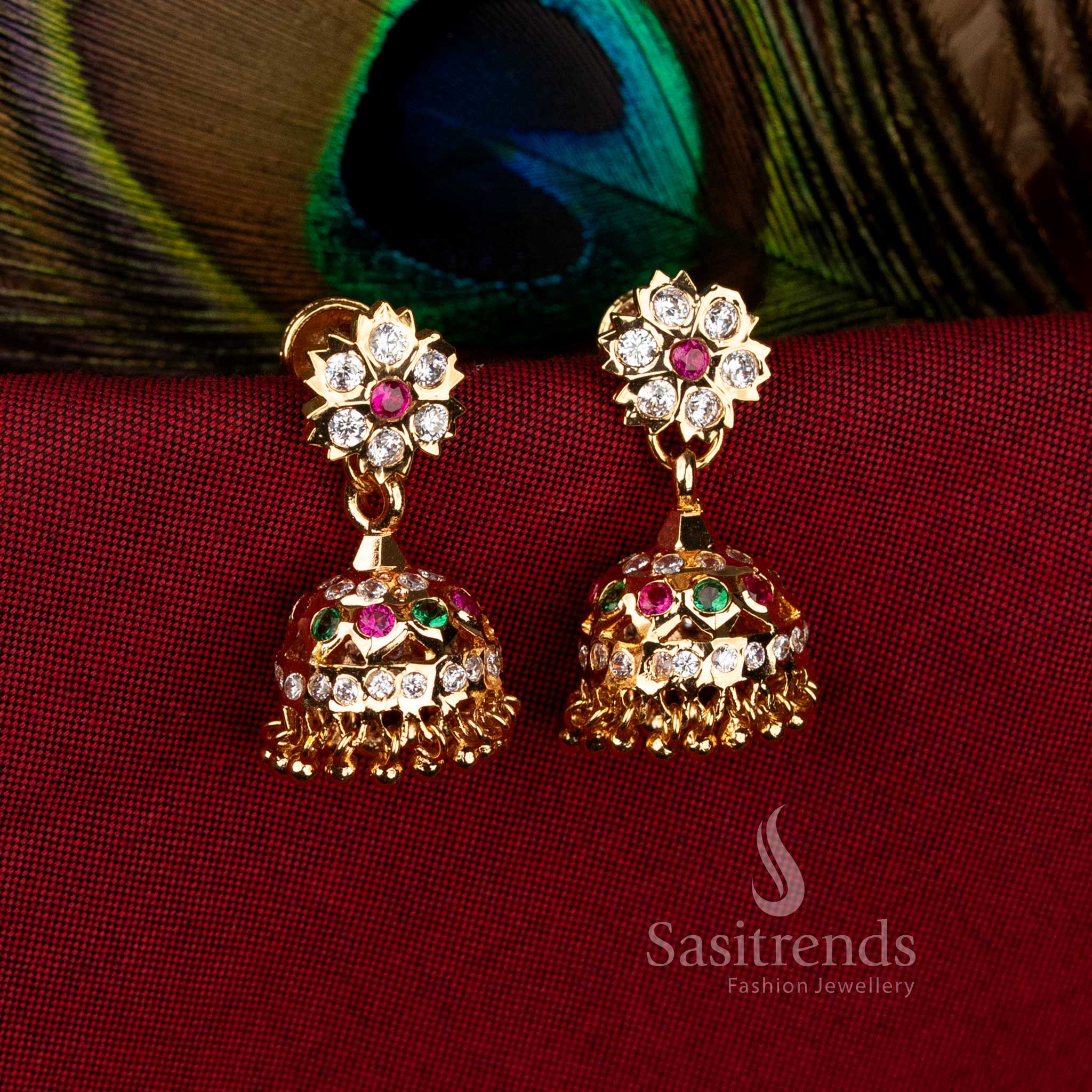 Guaranteed Impon Addigai 24K Micro Gold Plated multi AD Stone Floral Top Traditional Temple Jhumka Earrings by Sasitrends with intricate dome detailing