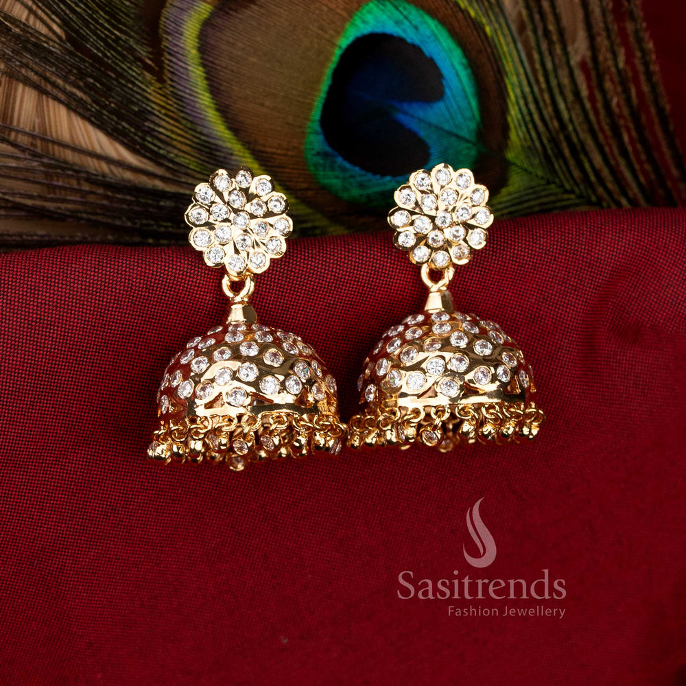 Guaranteed Impon Addigai 24K Micro Gold Plated white AD Stone Floral Stud Jhumka Earrings by Sasitrends