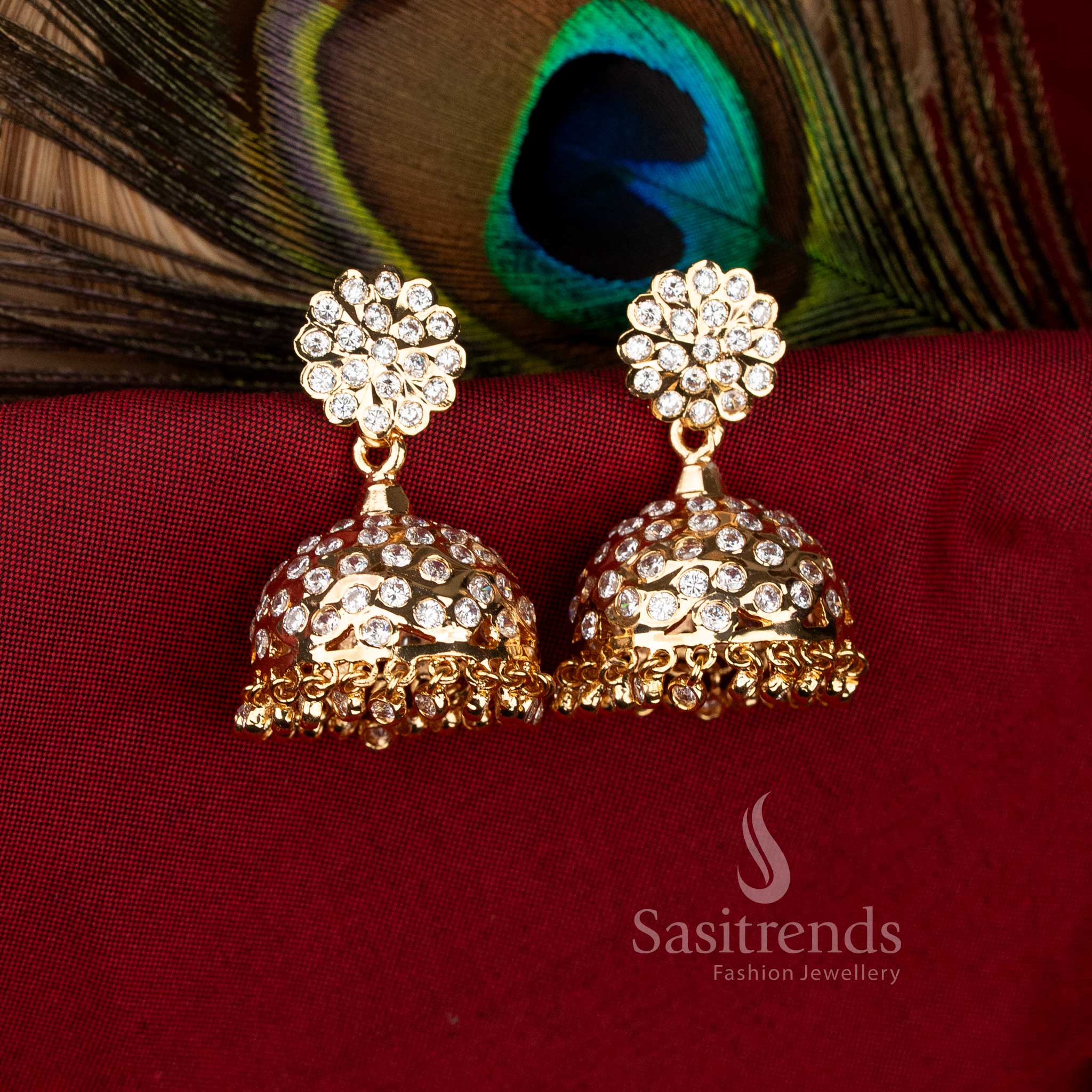 Guaranteed Impon Addigai 24K Micro Gold Plated white AD Stone Floral Stud Jhumka Earrings by Sasitrends