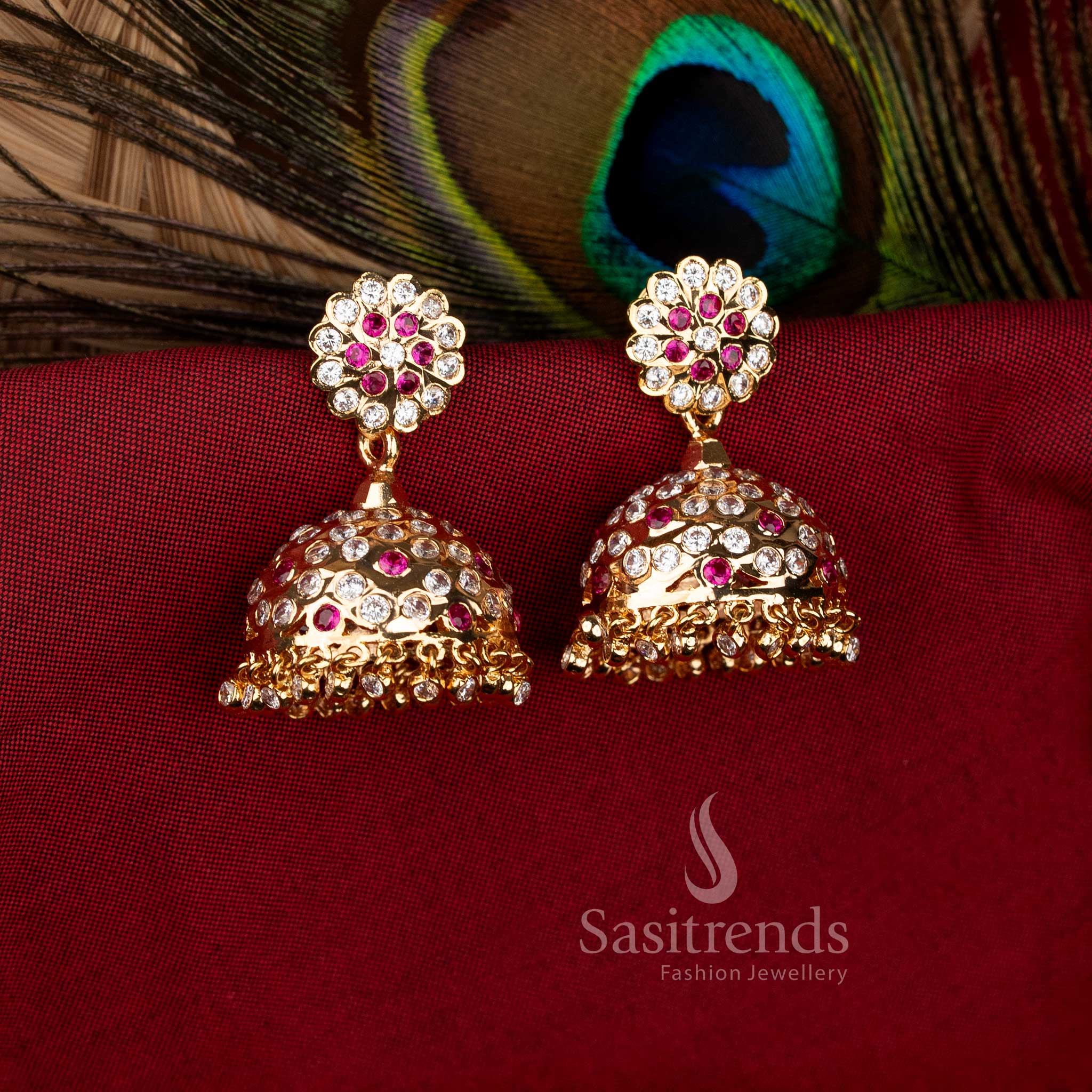 Guaranteed Impon Addigai 24K Micro Gold Plated white Ruby AD Stone Floral Stud Jhumka Earrings by Sasitrends