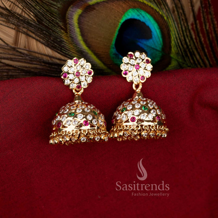 Traditional Impon Addigai 24K Micro Gold Plated Multi AD Stone Floral Stud Jhumka Earrings by Sasitrends
