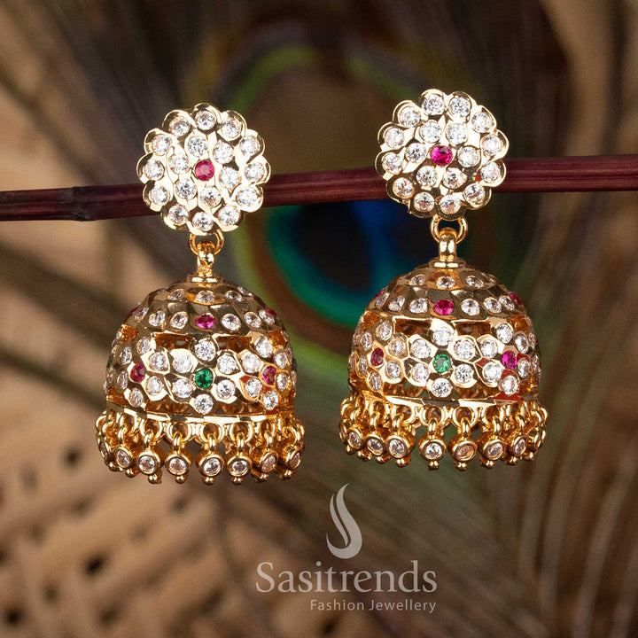 Impon Addigai Micro Gold Plated AD Stone Floral Cluster Stud Jhumka Earrings – Premium Temple Wear