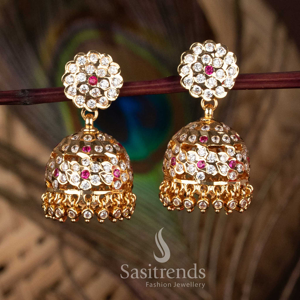 Sasitrends Traditional Impon Addigai Floral Cluster Dome Jhumka with AD Stone Detailing