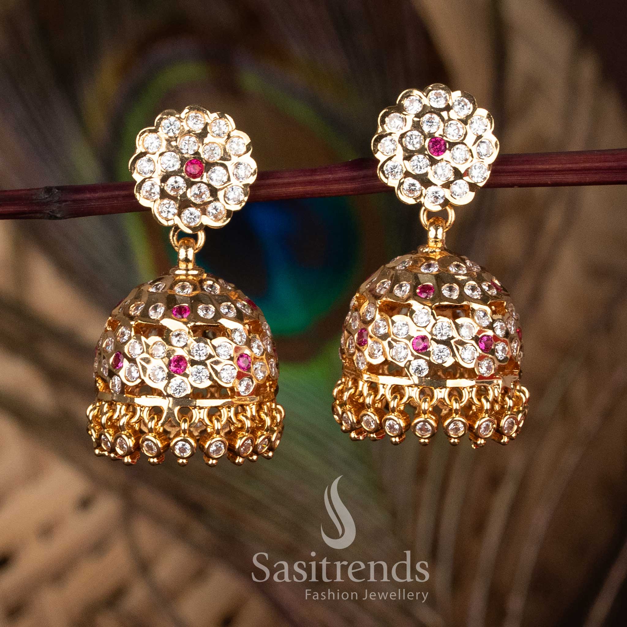 Sasitrends Traditional Impon Addigai Floral Cluster Dome Jhumka with AD Stone Detailing