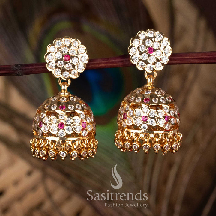 Sasitrends Traditional Impon Addigai Floral Cluster Dome Jhumka with AD Stone Detailing