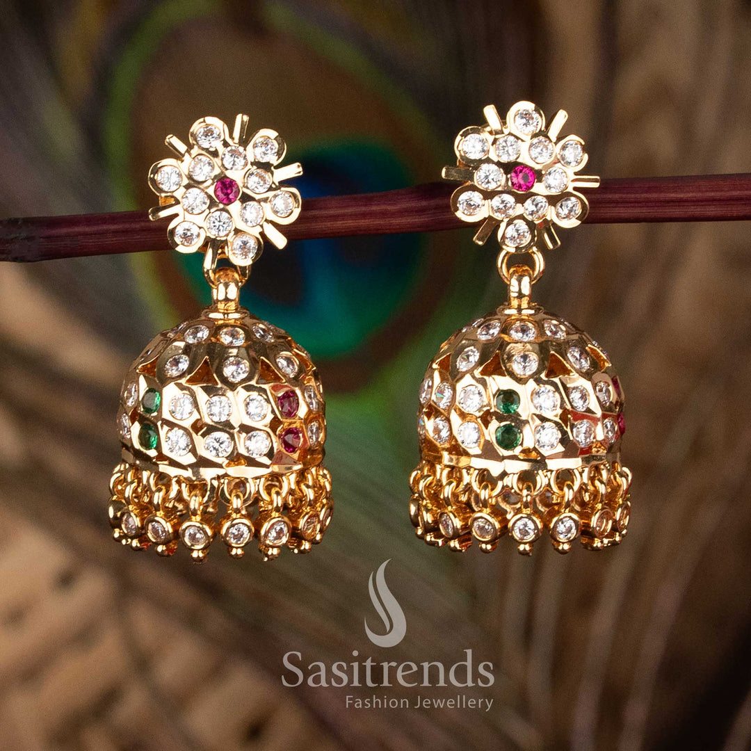Sasitrends Impon Addigai Floral Radiance Stud Jhumka with AD Stone Embellished Dome Design