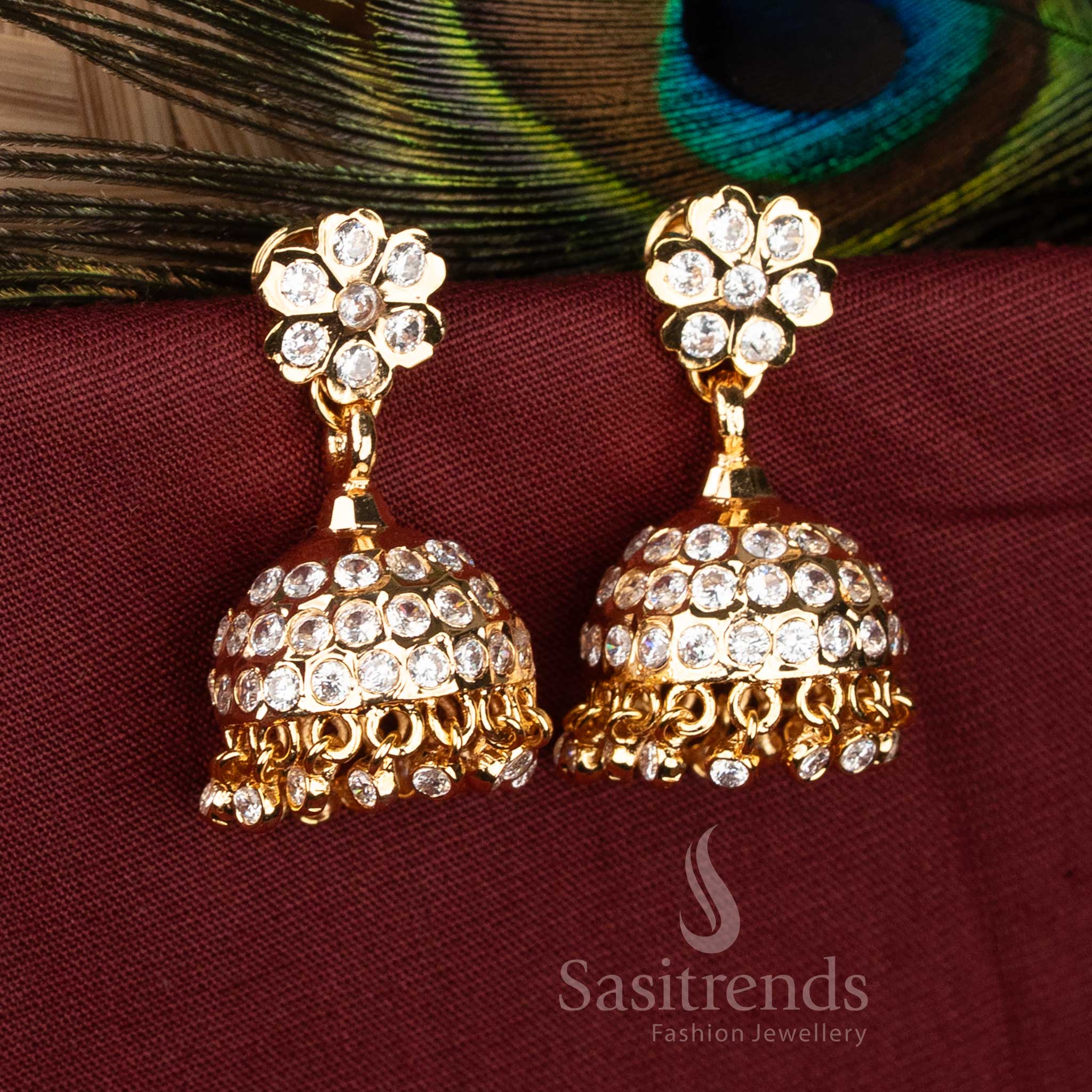 Guaranteed Impon Addigai Micro Gold White AD Stone Floral stud Jhumka Earrings - Sasitrends