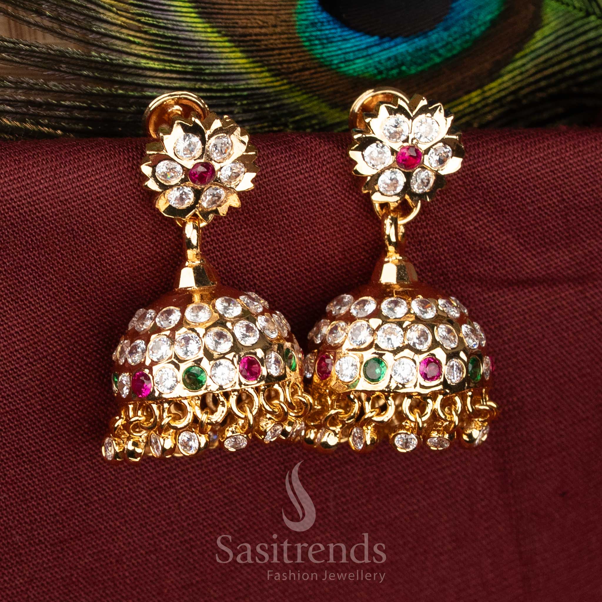 Traditional Impon Addigai Micro Gold Multi AD Stone Floral stud Jhumka Earrings - Sasitrends