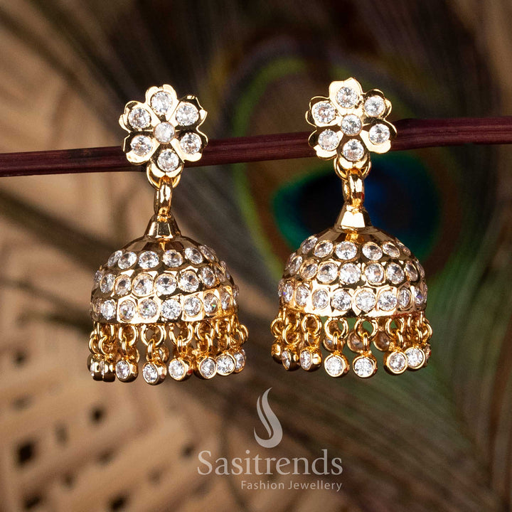 Guaranteed Real Gold Look Impon Addigai Micro Gold White AD Stone Floral stud Jhumka Earrings - Sasitrends