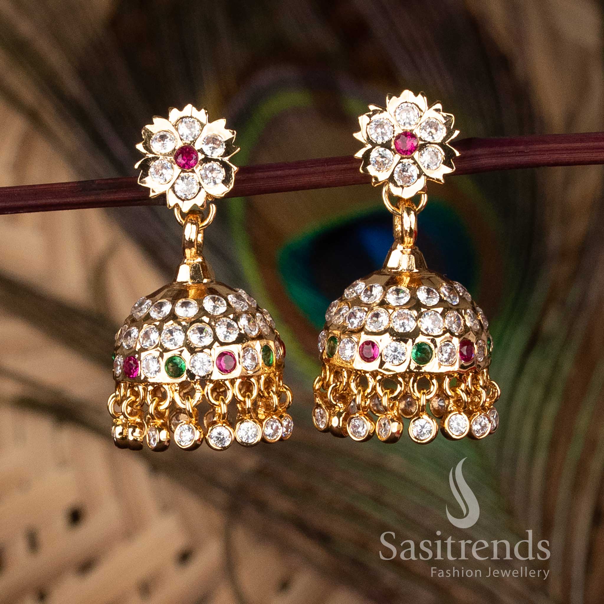 Traditional Real Gold Look Impon Addigai Micro Gold Multi AD Stone Floral stud Jhumka Earrings - Sasitrends