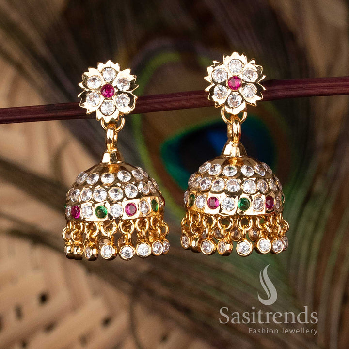 Traditional Real Gold Look Impon Addigai Micro Gold Multi AD Stone Floral stud Jhumka Earrings - Sasitrends