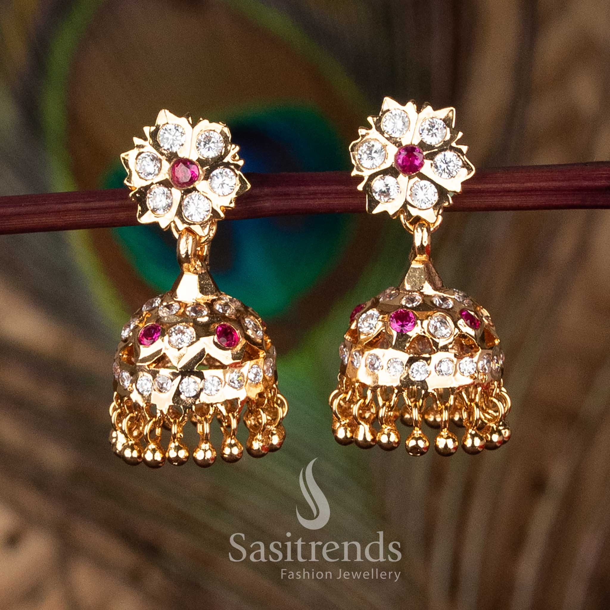 Guaranteed Impon Addigai One gram Micro Gold Plated white ruby AD Stone Floral Top Traditional Temple Jhumka Earrings by Sasitrends with intricate dome detailing