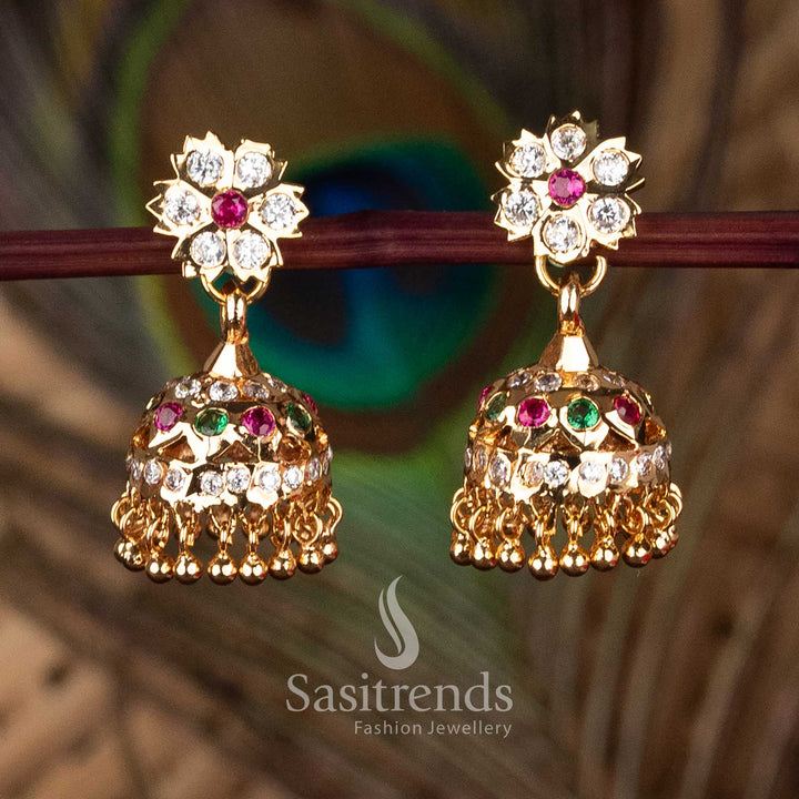 Traditional Guaranteed Impon Addigai 24K Micro Gold Plated multi AD Stone Floral Top Traditional Temple Jhumka Earrings by Sasitrends with intricate dome detailing