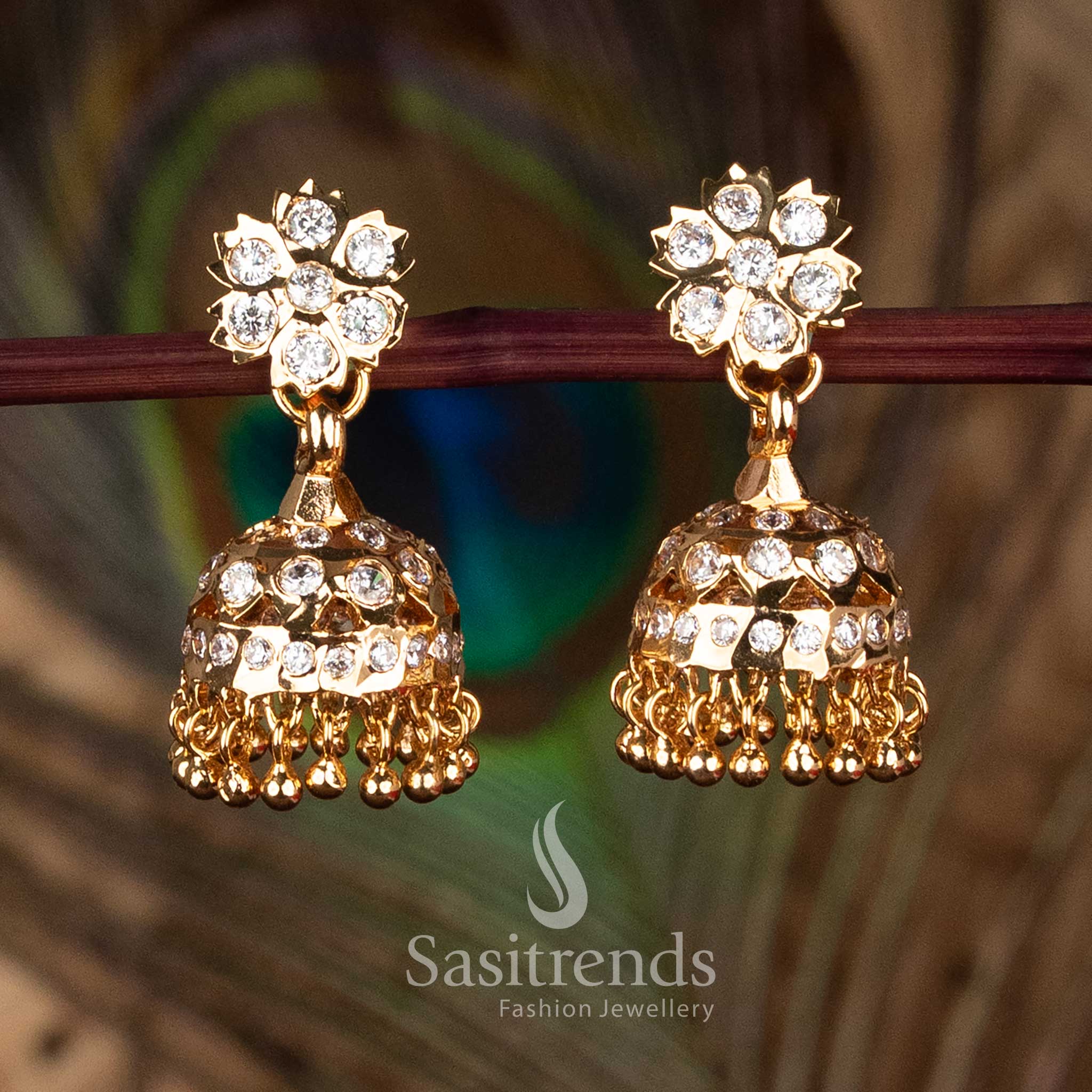 Real gold look Impon Addigai 24K Micro Gold Plated white AD Stone Floral Top Traditional Temple Jhumka Earrings by Sasitrends with intricate dome detailing