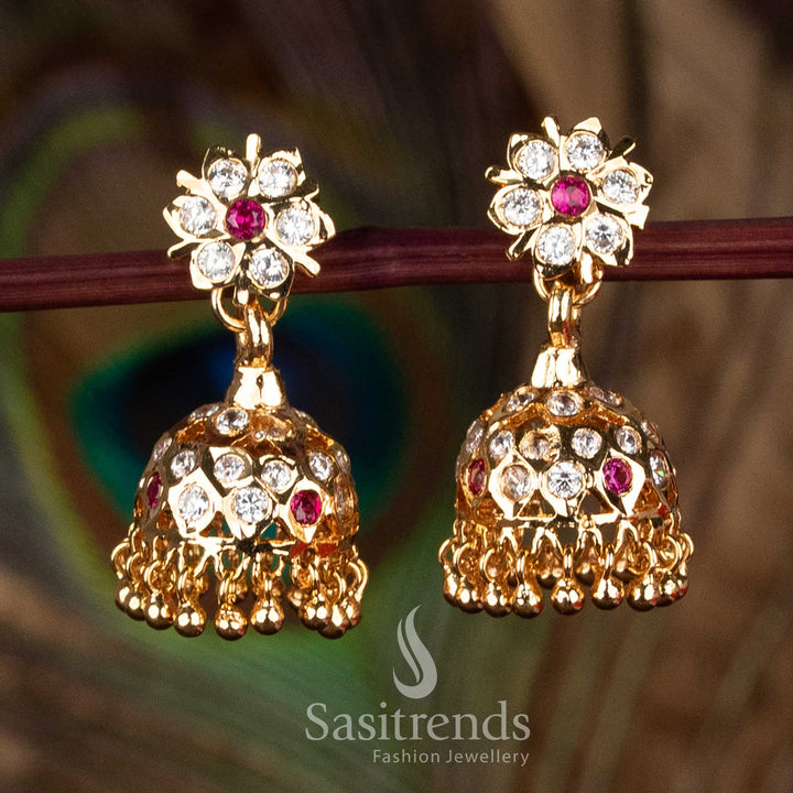 Impon Addigai pure gold look one gram micro plated white ruby floral stud jhumka earrings with vibrant festive styling – Sasitrends