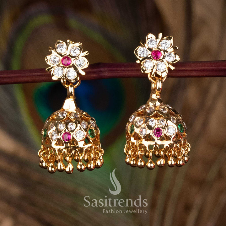 Traditional guaranteed Impon Addigai pure gold look micro plated multi floral stud jhumka earrings with vibrant festive styling – Sasitrends