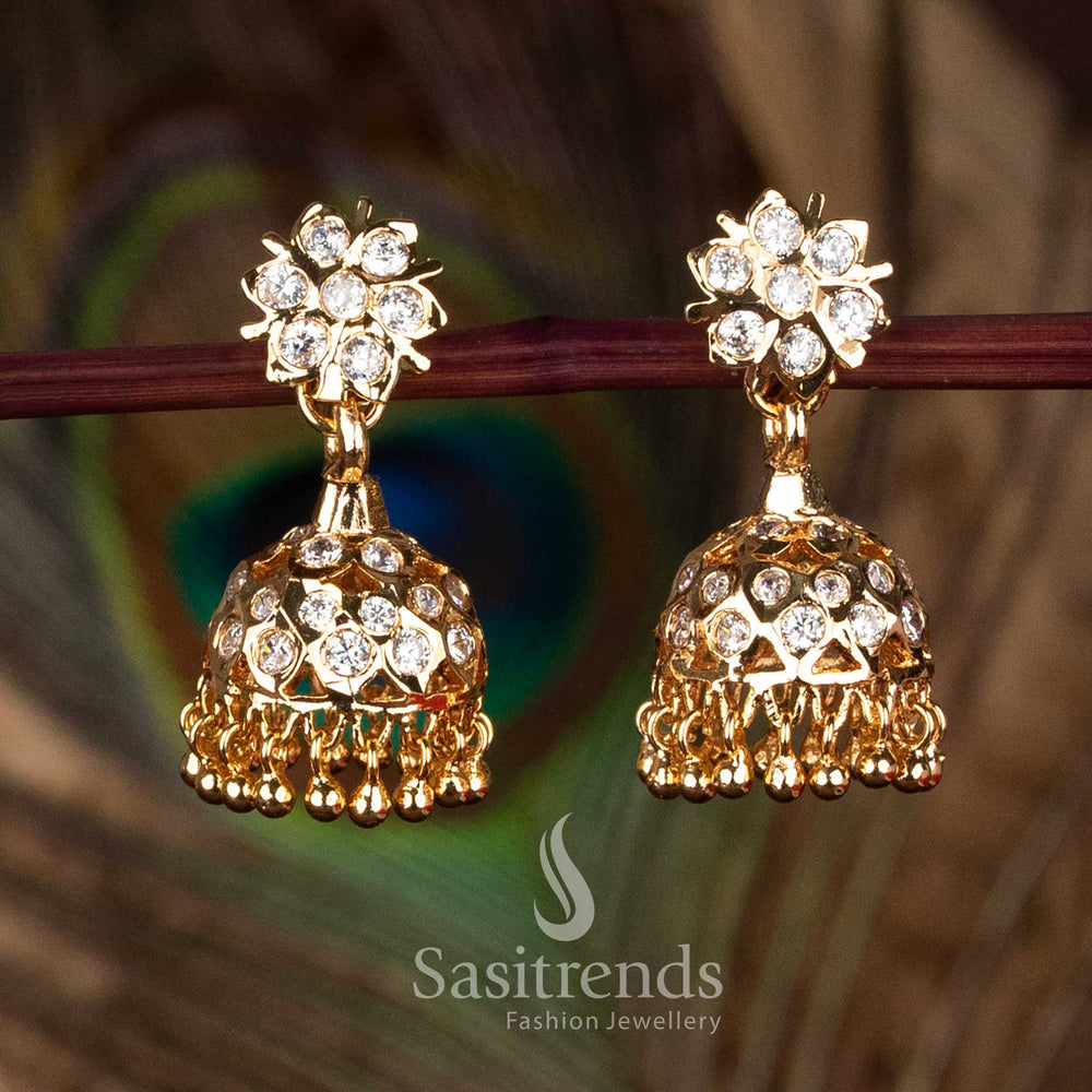 Guaranteed Impon Addigai pure gold look micro plated white floral stud jhumka earrings with vibrant festive styling – Sasitrends