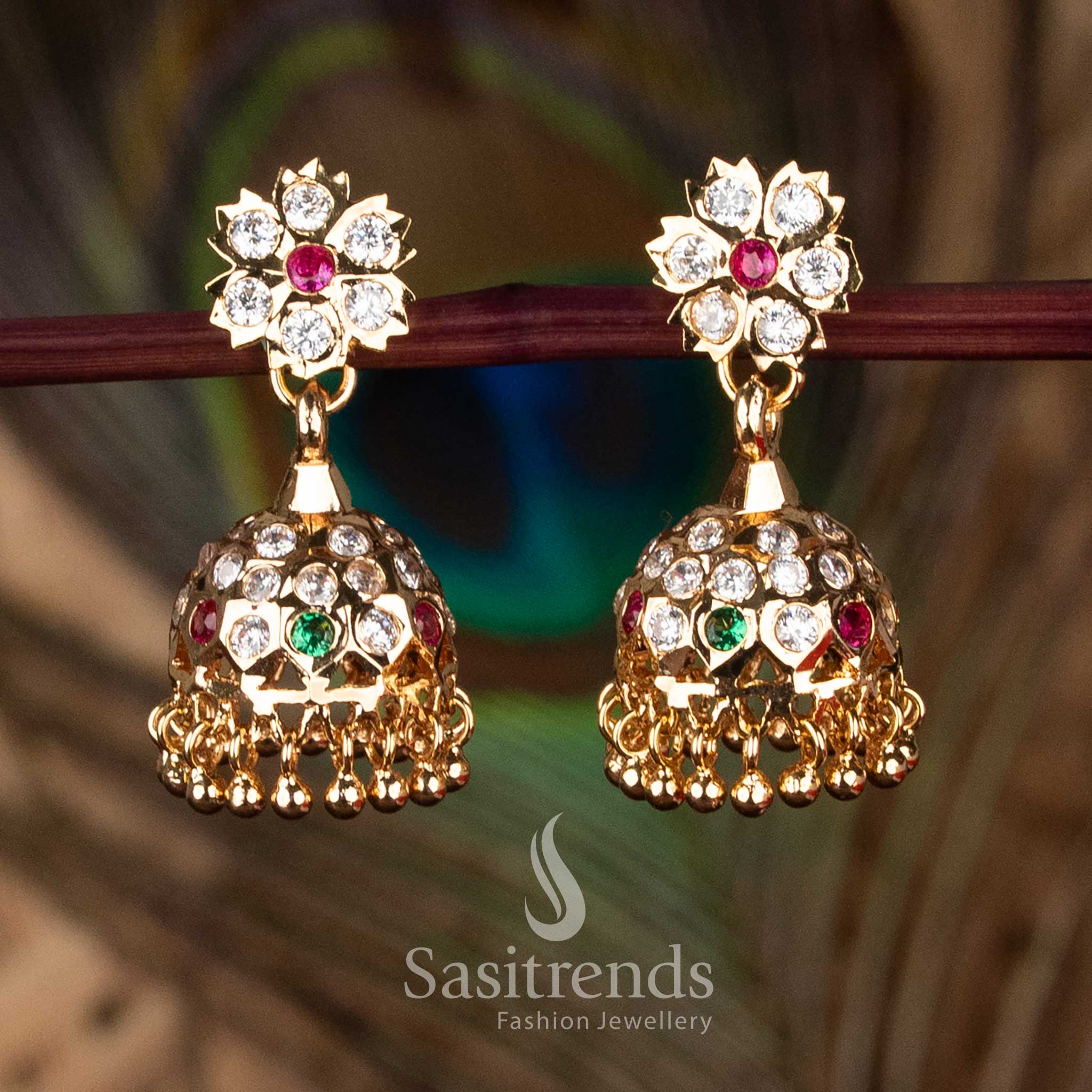 Guaranteed Impon addigai Multi AD Stone  floral stud jhumka earrings with 24k inspired glow micro gold plated elegance – Sasitrends