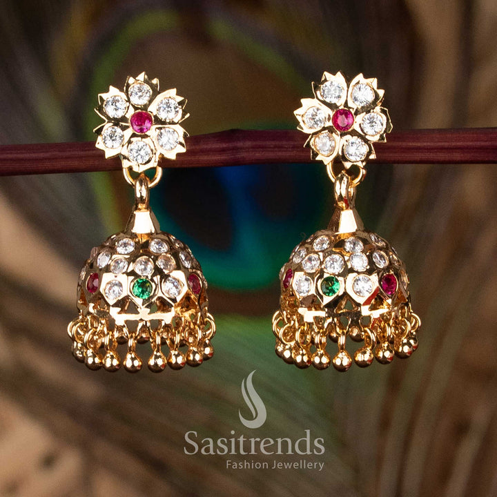 Guaranteed Impon addigai Multi AD Stone  floral stud jhumka earrings with 24k inspired glow micro gold plated elegance – Sasitrends