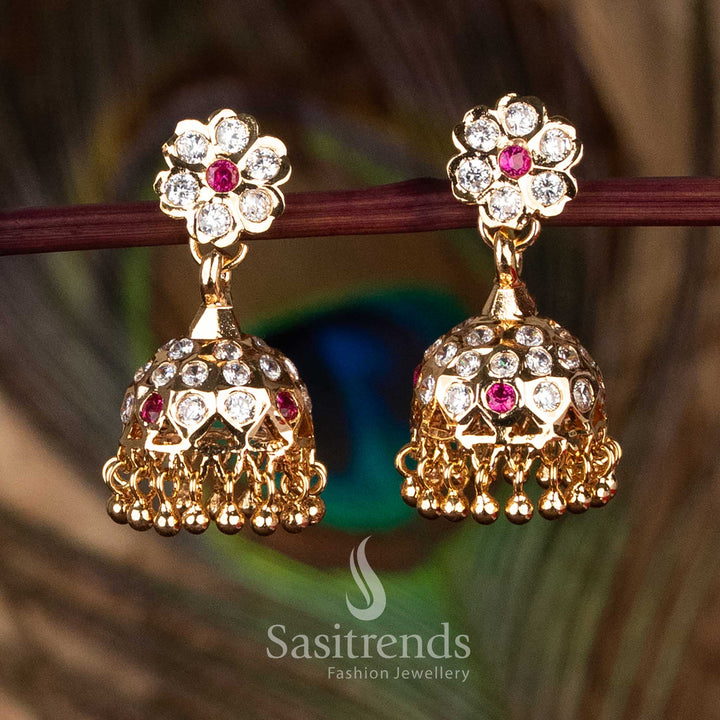 Guaranteed Traditional Impon addigai white ruby AD Stone  floral stud jhumka earrings with 24k inspired glow micro gold plated elegance – Sasitrends