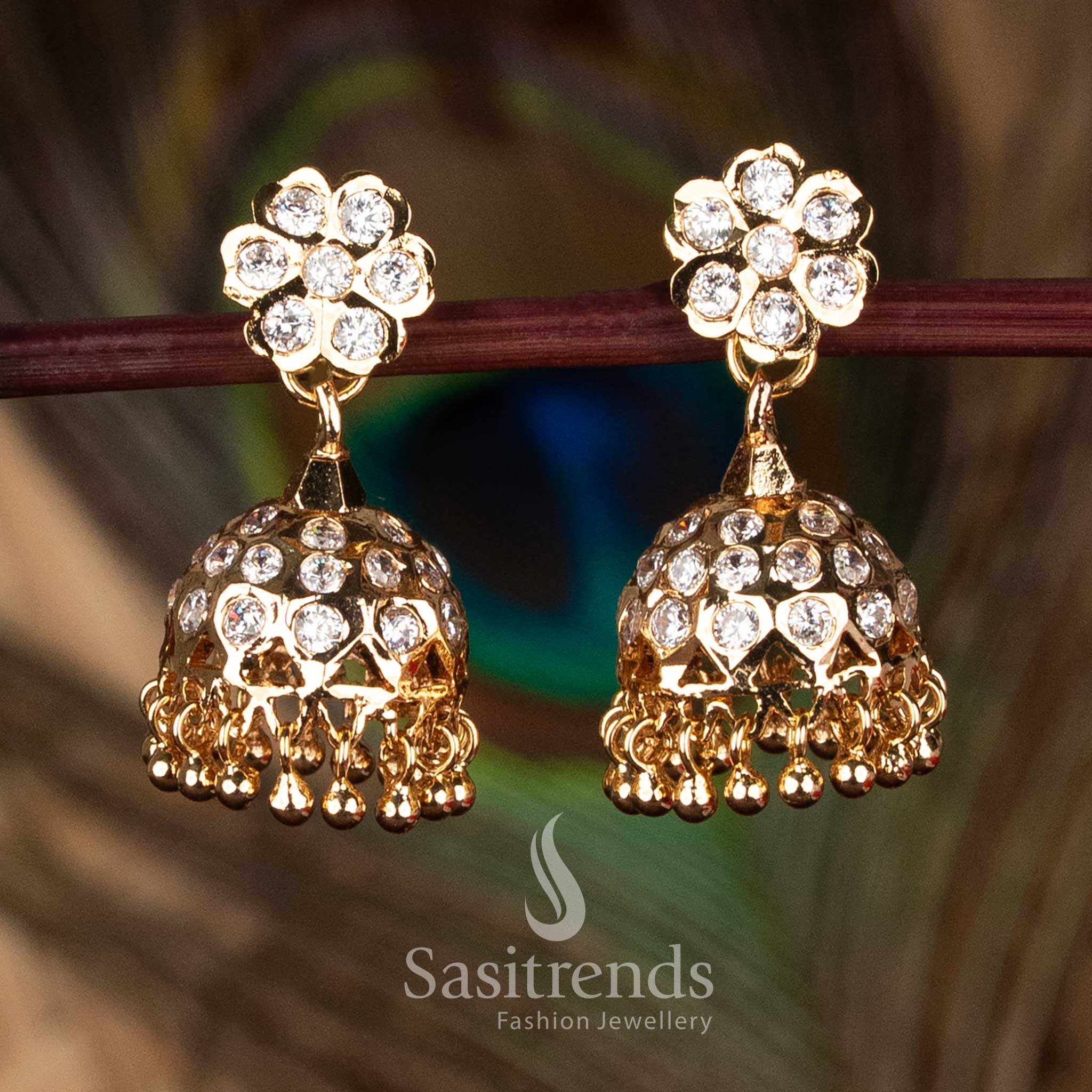 Guaranteed Impon addigai white AD Stone  floral stud jhumka earrings with 24k inspired glow micro gold plated elegance, look like real gold – Sasitrends