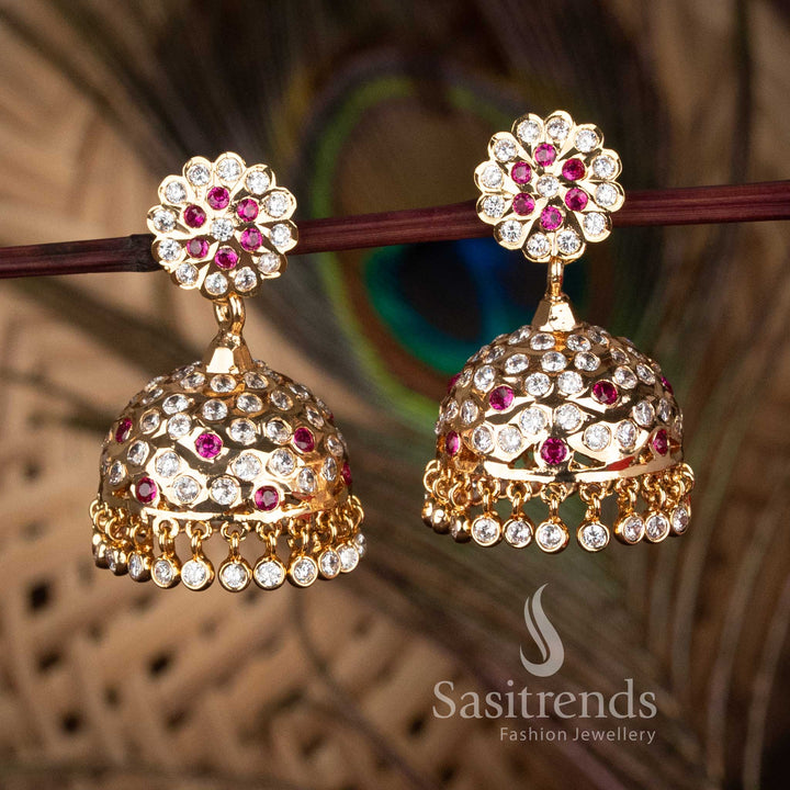 Real Gold Look Impon Addigai 24K Micro Gold Plated white Ruby AD Stone Floral Stud Jhumka Earrings by Sasitrends