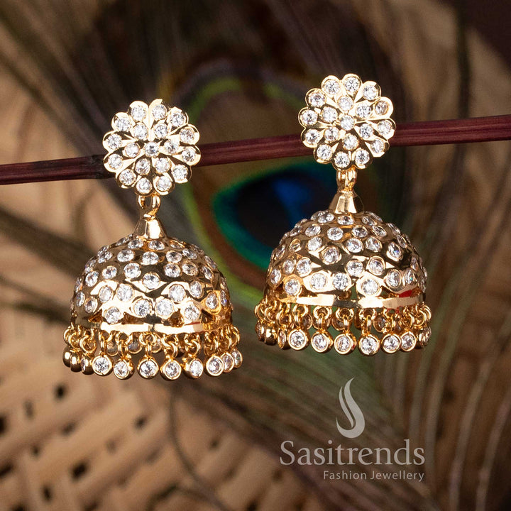 Guaranteed Real Gold Look Impon Addigai 24K Micro Gold Plated white AD Stone Floral Stud Jhumka Earrings by Sasitrends