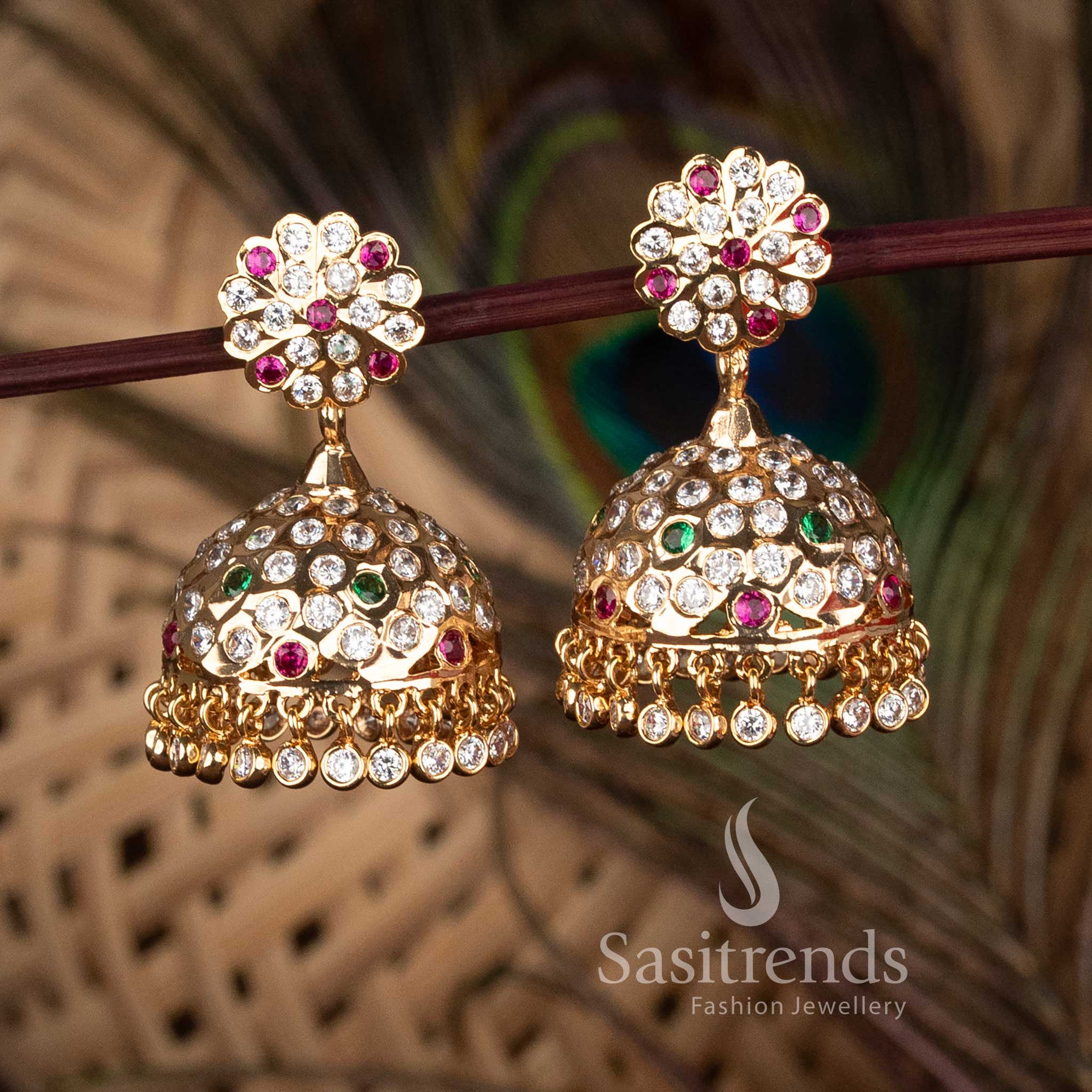 Real Gold Look Impon Addigai One gram Micro Gold Plated multi AD Stone Floral Stud Jhumka Earrings by Sasitrends