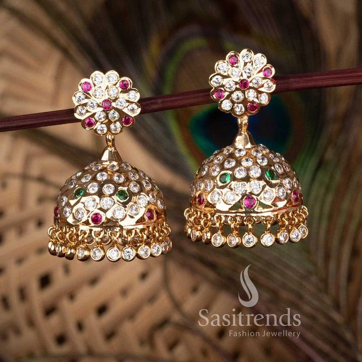 Real Gold Look Impon Addigai One gram Micro Gold Plated multi AD Stone Floral Stud Jhumka Earrings by Sasitrends
