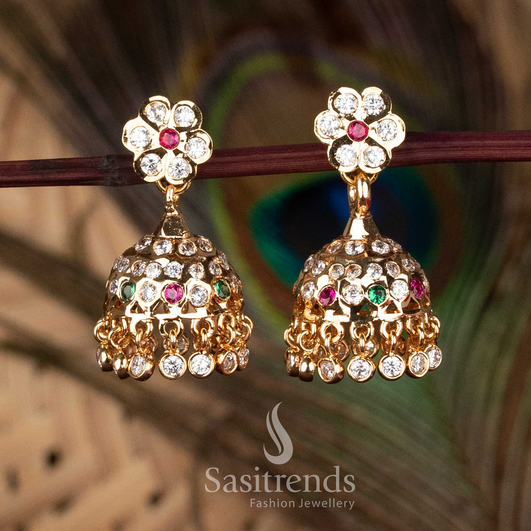 Guaranteed Micro Gold Plated Impon Addigai Multi AD Stone Floral Jhumka Earrings with 24K Gold Look - Sasitrends