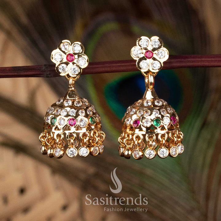 Traditional Micro Gold Plated Impon Addigai Premium AD Stone Floral Jhumka Earrings with 24K Pure Gold Look Finish