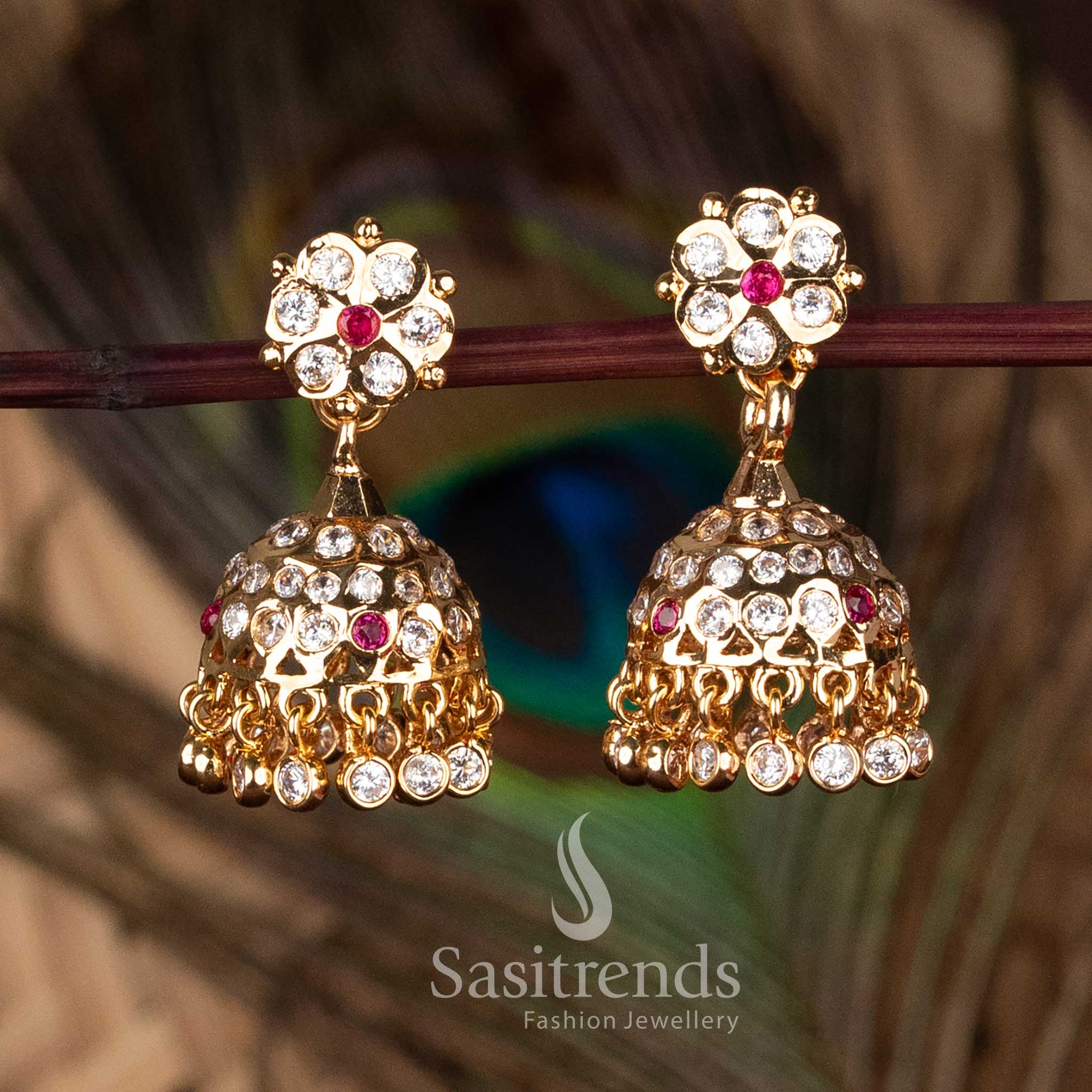 Guaranteed one gram Micro Gold Plated Impon Addigai white ruby AD Stone Floral Jhumka Earrings with 24K Gold Look - Sasitrends