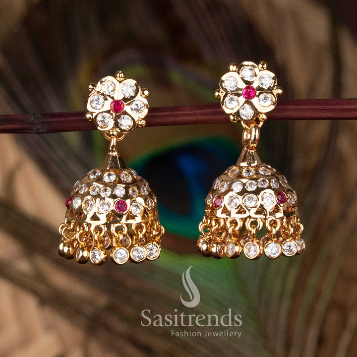 Guaranteed one gram Micro Gold Plated Impon Addigai white ruby AD Stone Floral Jhumka Earrings with 24K Gold Look - Sasitrends