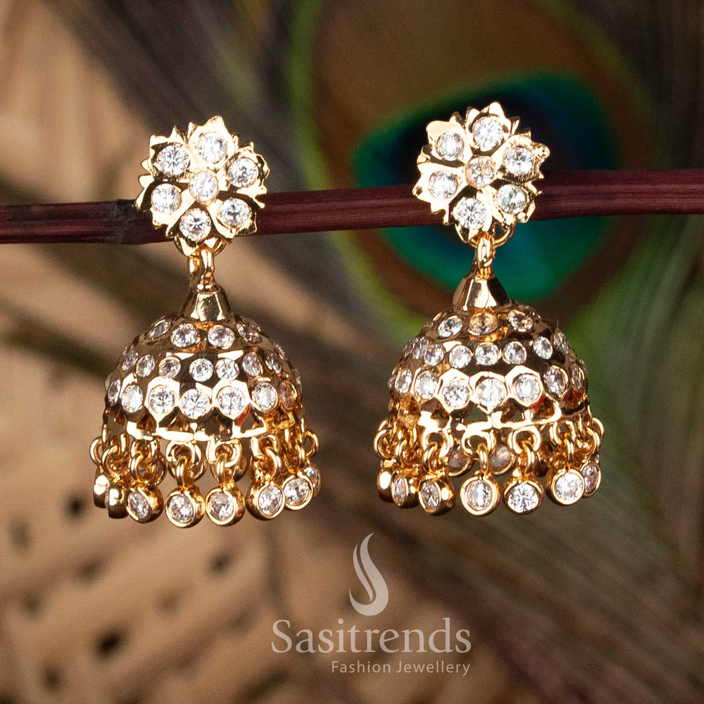 Traditional one gram Micro Gold Plated Impon Addigai white AD Stone Floral Jhumka Earrings with 24K Gold Look - Sasitrends