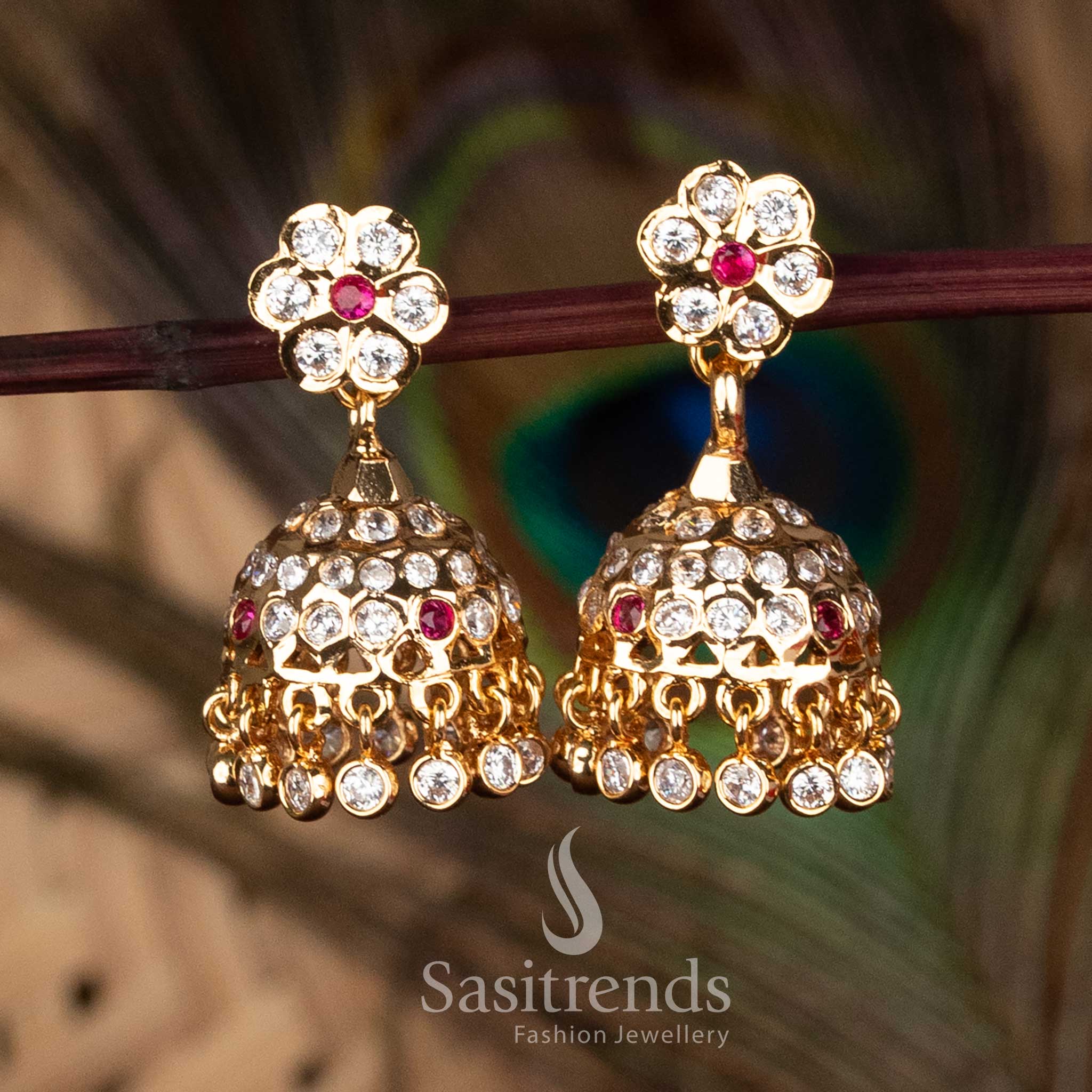 Traditional one gram Micro Gold Plated Impon Addigai white ruby AD Stone Floral Jhumka Earrings with 24K Gold Look - Sasitrends