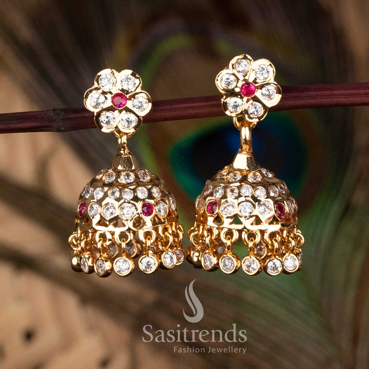 Traditional one gram Micro Gold Plated Impon Addigai white ruby AD Stone Floral Jhumka Earrings with 24K Gold Look - Sasitrends