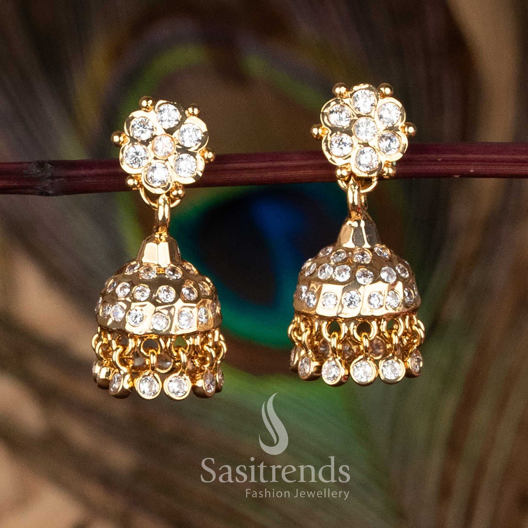 Guaranteed Impon Addigai Micro Gold Plated Floral Stud White AD Stone Jhumka Earrings with 24K Pure Gold Look - Sasitrends