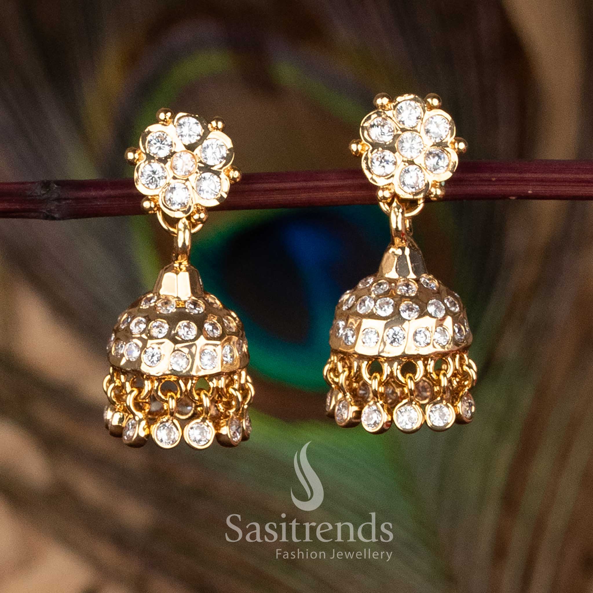 Guaranteed Impon Addigai Micro Gold Plated Floral Stud White AD Stone Jhumka Earrings with 24K Pure Gold Look - Sasitrends