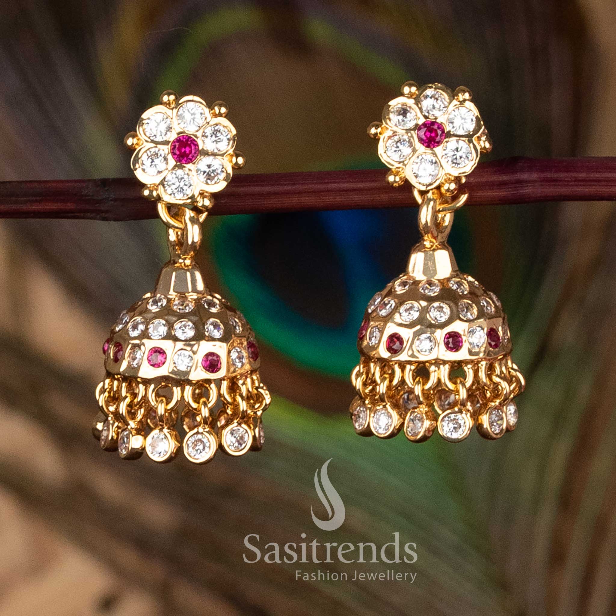 Traditional Impon Addigai One Gram Micro Gold Plated Floral Stud White Ruby AD Stone Jhumka Earrings with 24K Pure Gold Look - Sasitrends