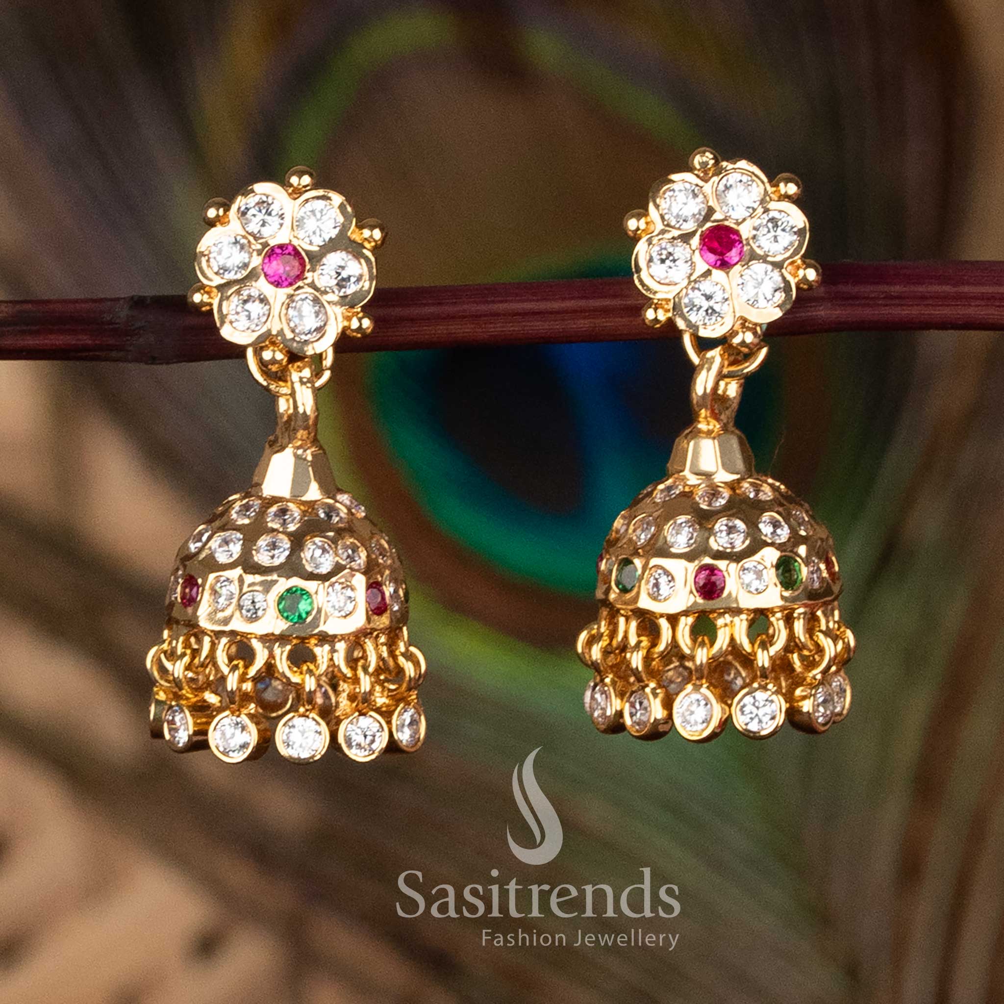 Guaranteed Impon Addigai Micro Gold Plated Floral Stud Multi AD Stone Jhumka Earrings with 24K Pure Gold Look - Sasitrends