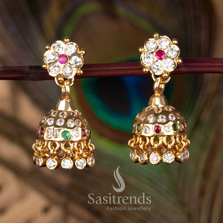 Guaranteed Impon Addigai Micro Gold Plated Floral Stud Multi AD Stone Jhumka Earrings with 24K Pure Gold Look - Sasitrends