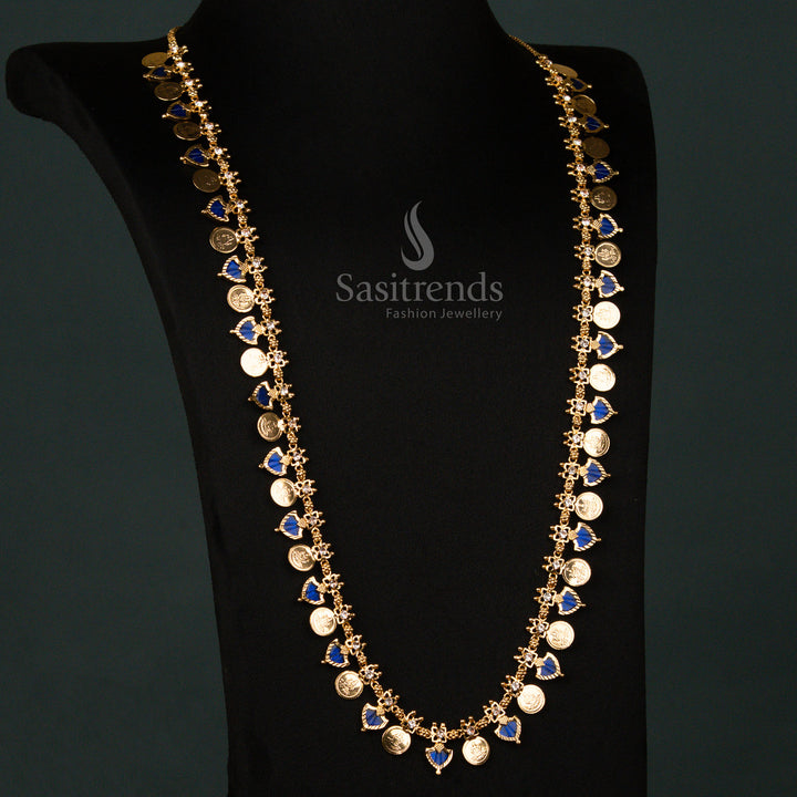 Vintage Blue Kerala Palakka Lakshmi Coin Long Necklace – Micro Gold Plated One Gram Flexible Chain Timeless Traditional Wedding Jewellery for Regal Festive Look - Sasitrends