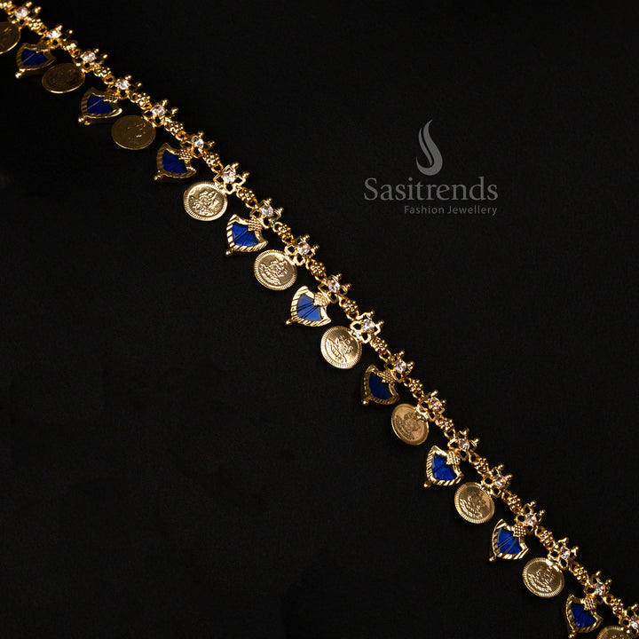 Divine Blue Kerala Palakka Lakshmi Coin Long Necklace – Micro Gold Plated One Gram Flexible Chain Classic Traditional Bridal Jewellery for Majestic Ethnic Glam - Sasitrends