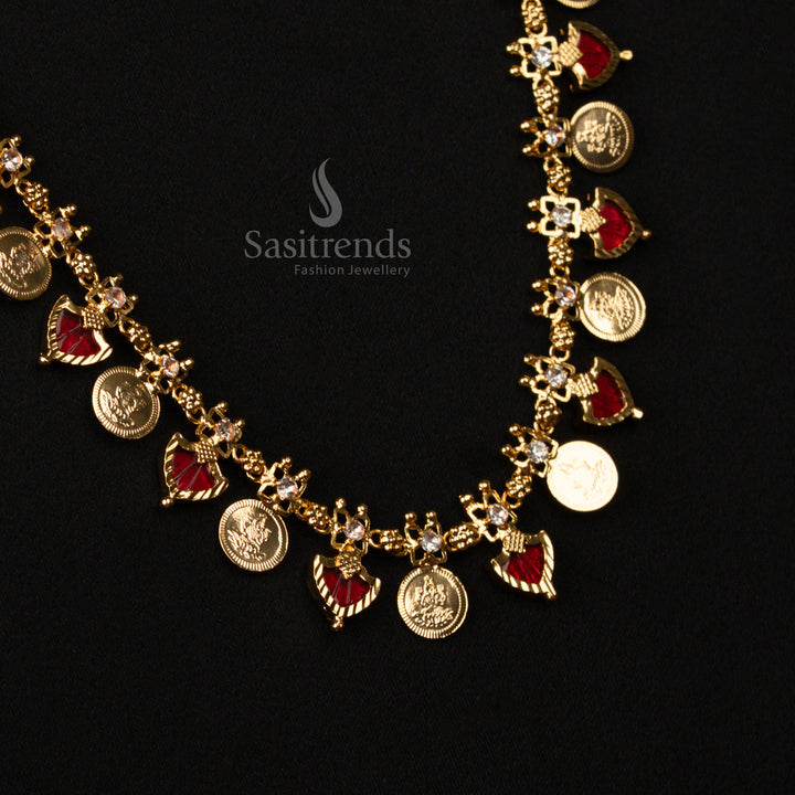 Heritage Red Kerala Palakka Lakshmi Coin Long Necklace – Micro Gold Plated One Gram Flexible Chain Grand Traditional Festive Jewellery for Timeless Ethnic Beauty - Sasitrends