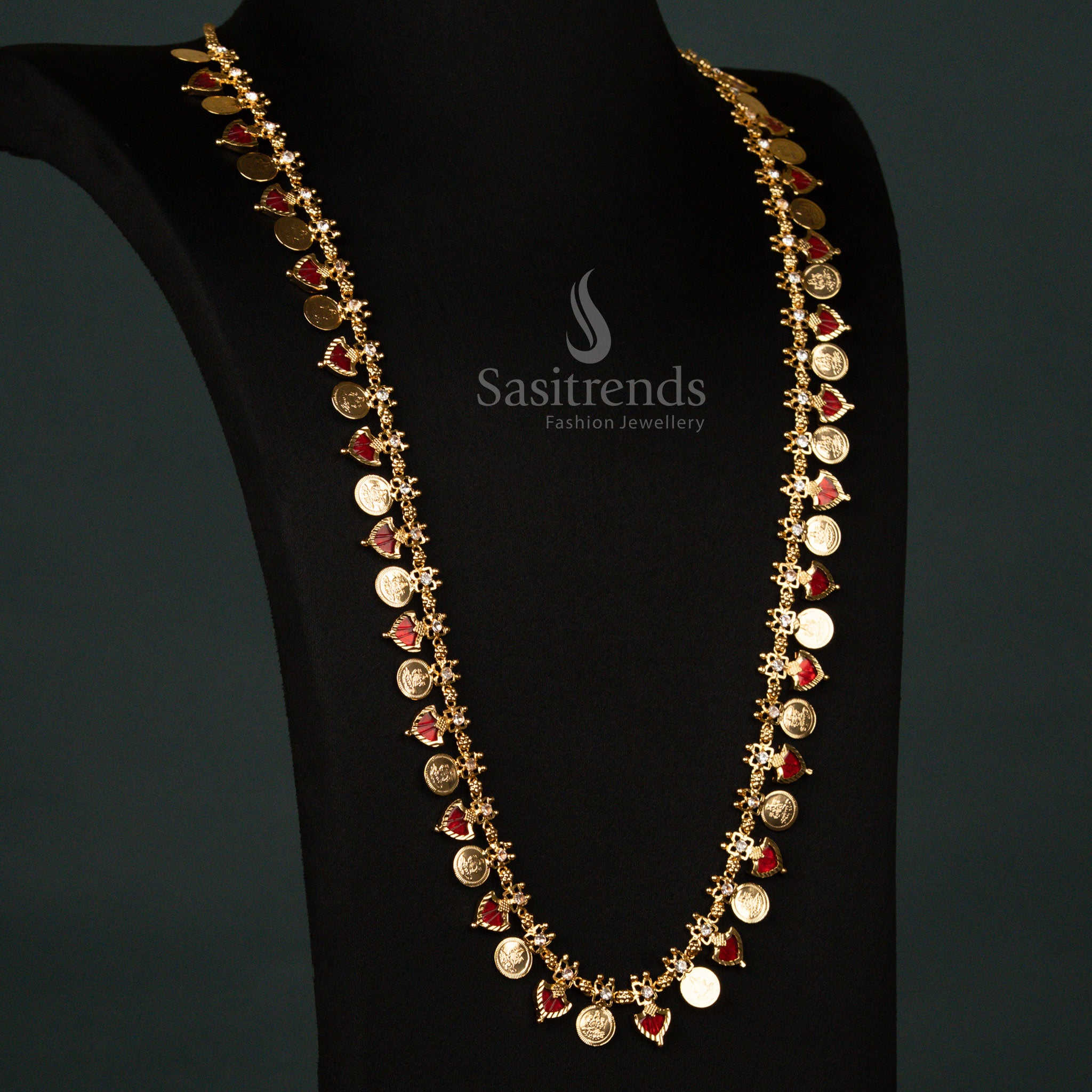 Bridal Red Kerala Palakka Lakshmi Coin Long Necklace – Micro Gold Plated One Gram Flexible Chain Royal Traditional Wedding Jewellery for Ethnic Majestic Grace - Sasitrends