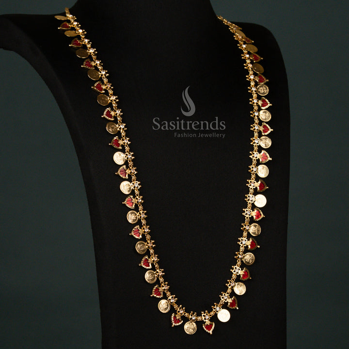 Bridal Red Kerala Palakka Lakshmi Coin Long Necklace – Micro Gold Plated One Gram Flexible Chain Royal Traditional Wedding Jewellery for Ethnic Majestic Grace - Sasitrends