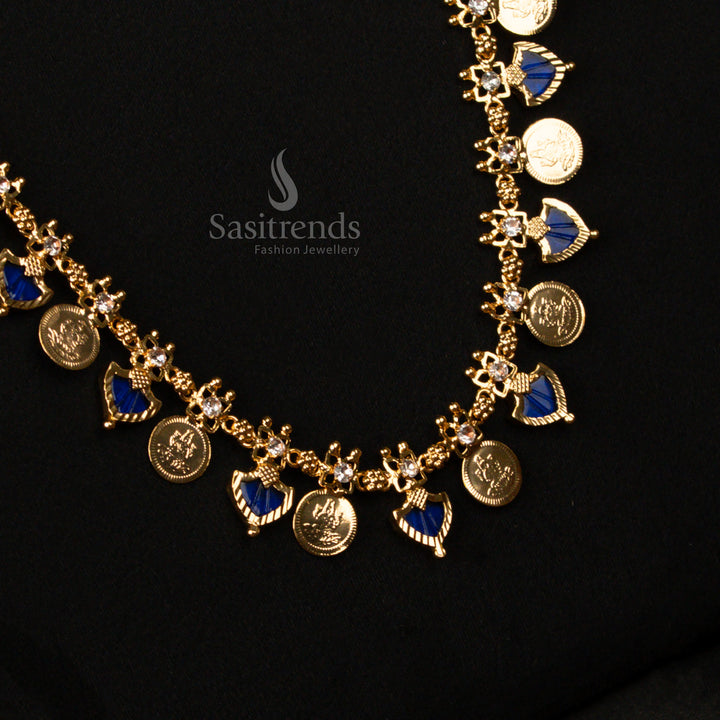  Royal Temple Blue Kerala Palakka Lakshmi Coin Long Necklace – Micro Gold Plated One Gram Flexible Chain Traditional Bridal Festive Wear Jewellery for Divine Ethnic Elegance - Sasitrends
