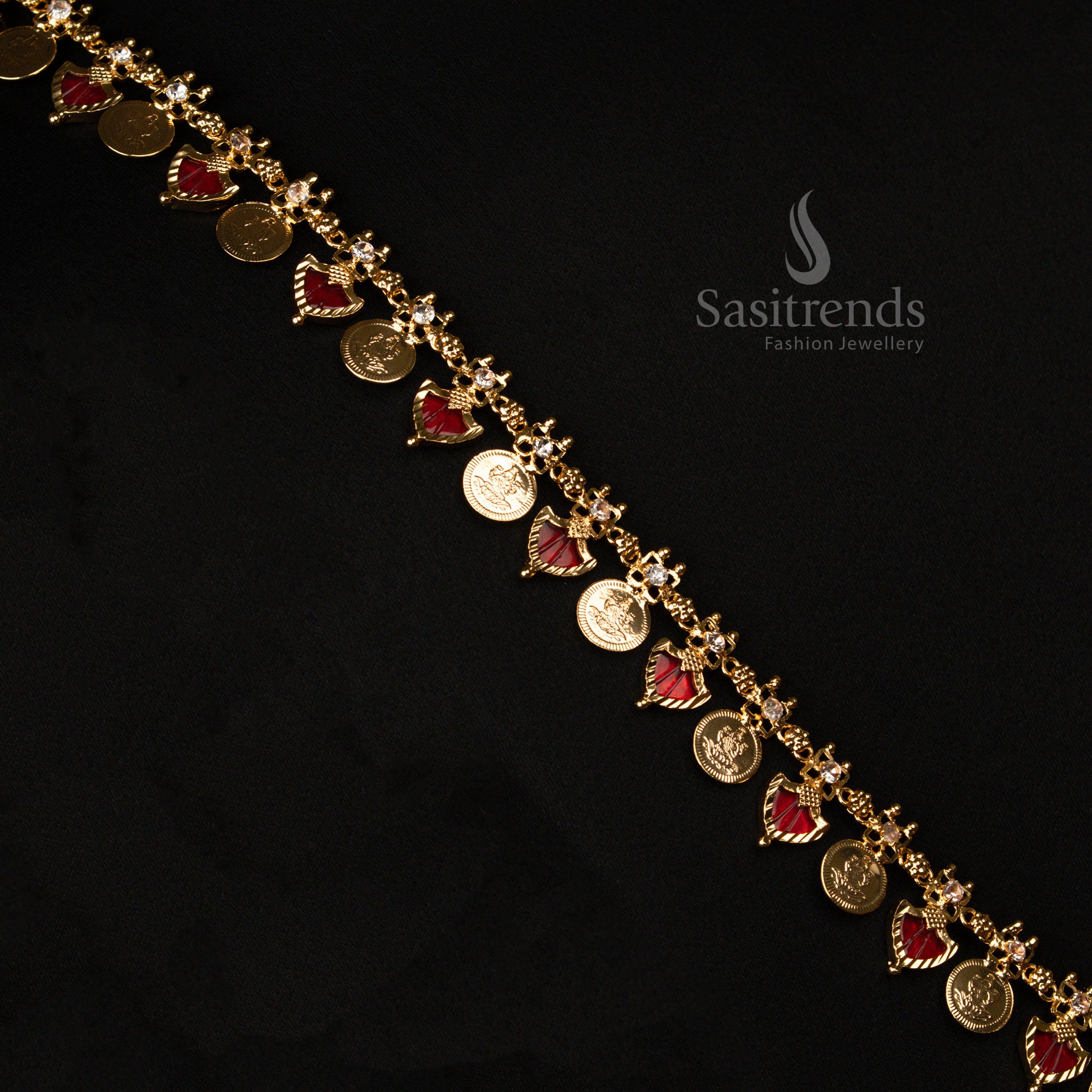 Temple Red Kerala Palakka Lakshmi Coin Long Necklace – Micro Gold Plated One Gram Flexible Chain Elegant Bridal Ceremonial Jewellery for Royal Ethnic Charm - Sasitrends